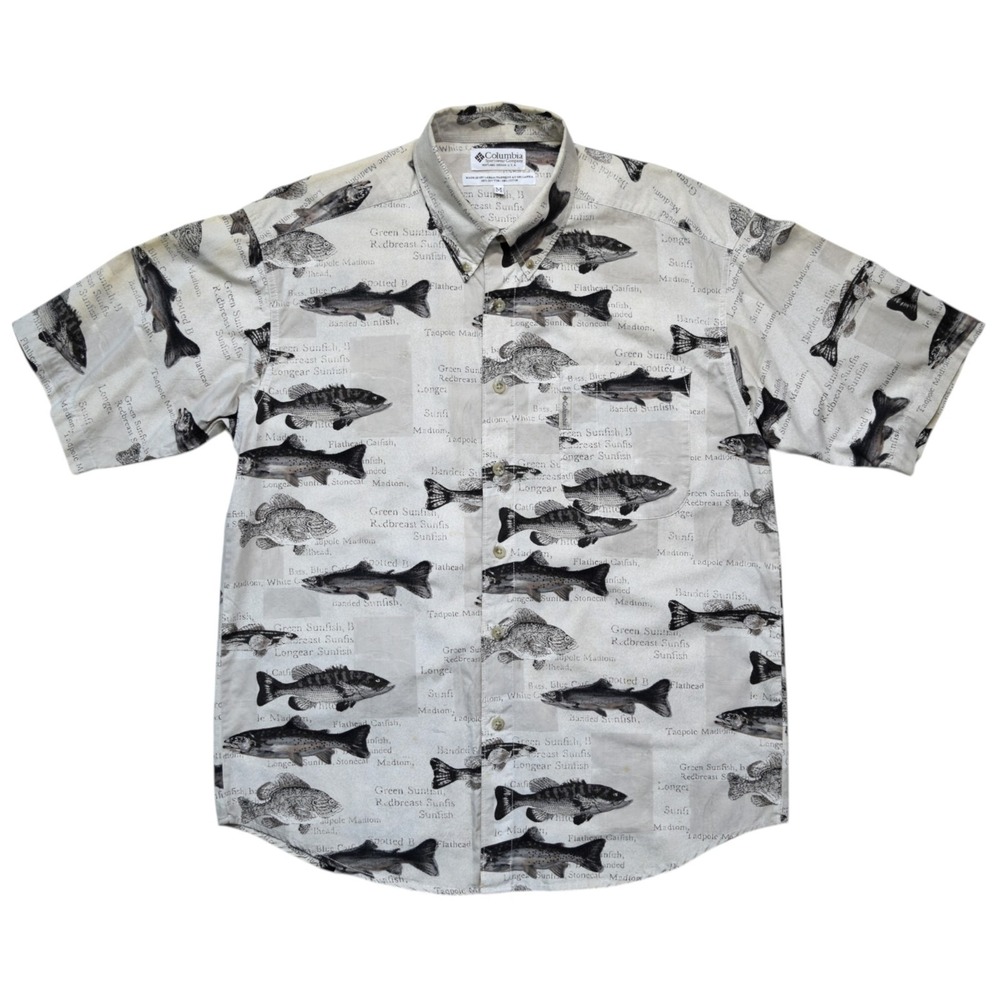 Vintage Y2K 2001 Columbia Men M Fish Print Button Front Fishing Shirt Cotton